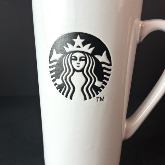 Starbucks 2013 Tall Coffee Mug with Lid White Ceramic Black Mermaid Logo 16 Oz - Picture 3 of 11